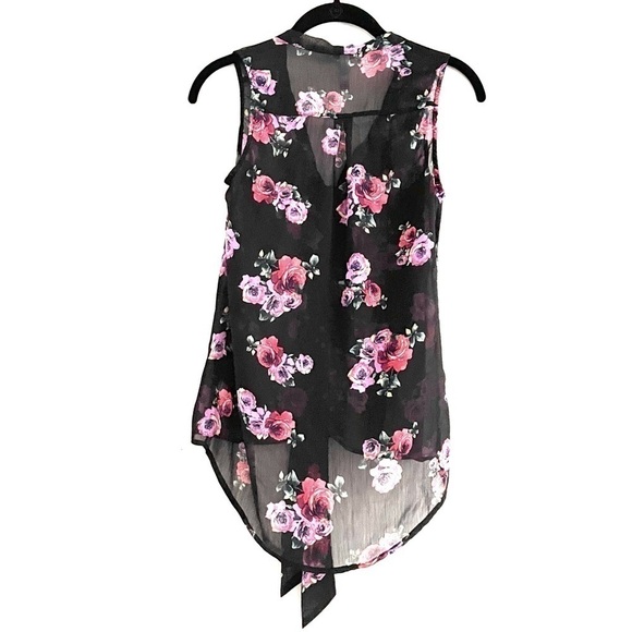 Xhilaration Tank Top S Semi Sheer Floral Front Tie Bow Pink Black Summer Girly - Picture 3 of 7